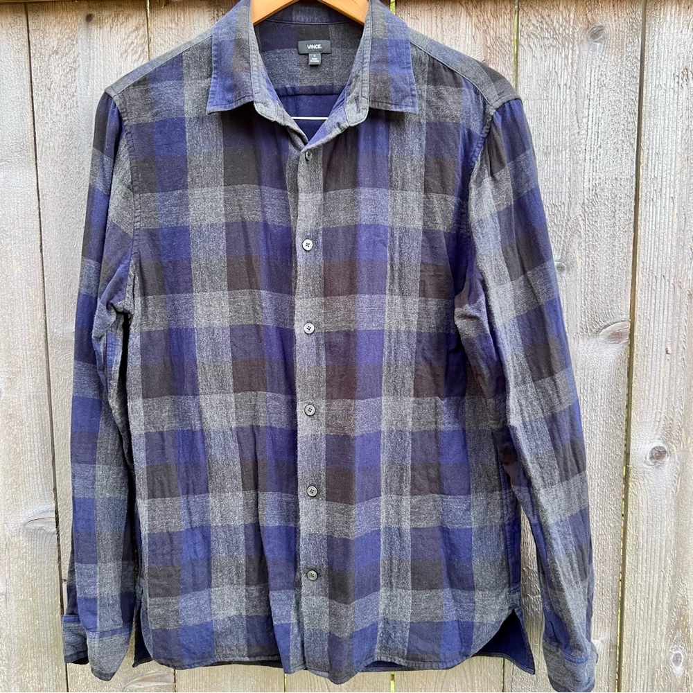 vince blue plaid button down long sleeve shirt